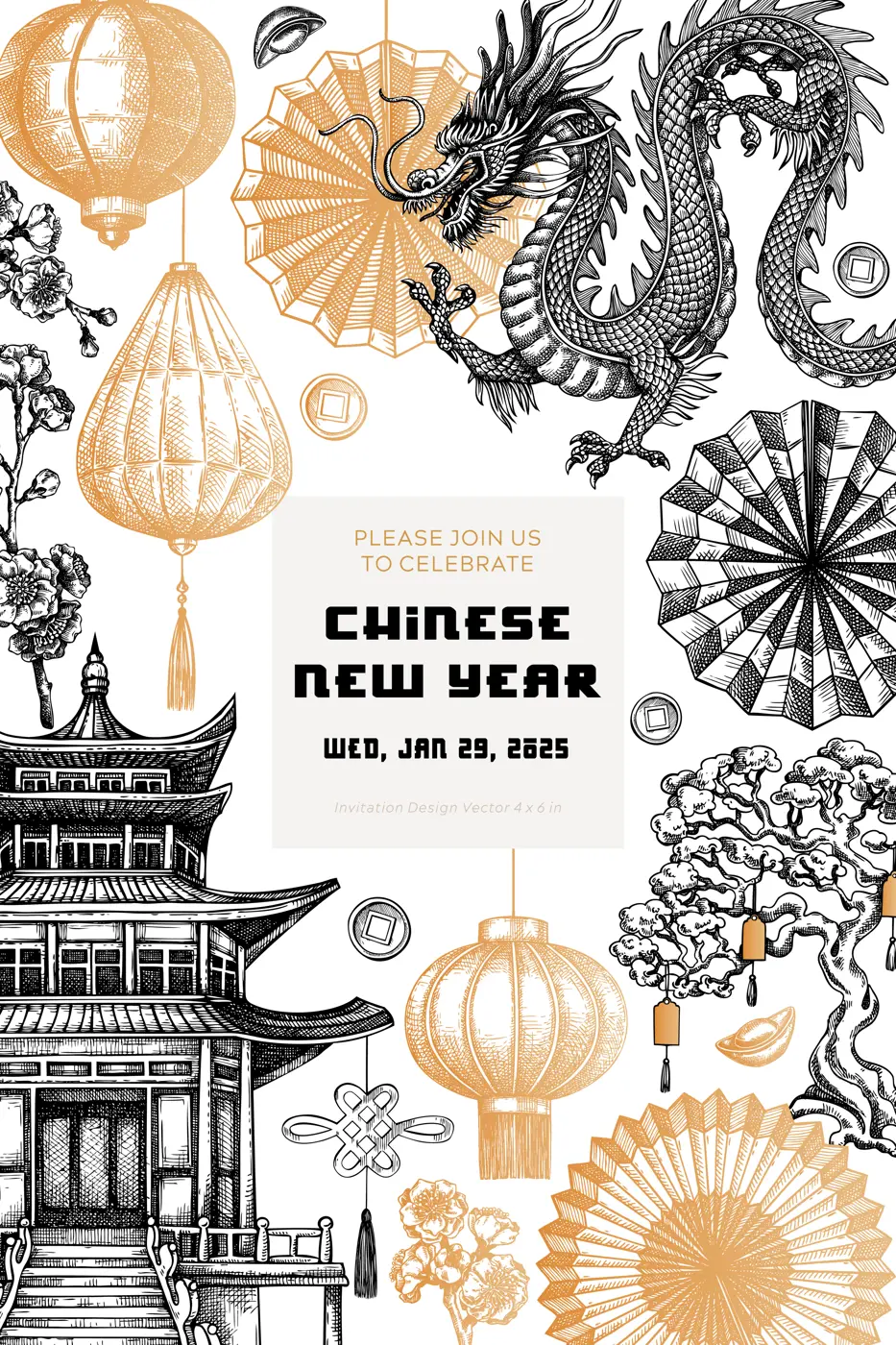 Chinese New Year invitation template. Lunar New Year greeting card design. China hand drawn vector illustrations. NOT AI generated Illustration
